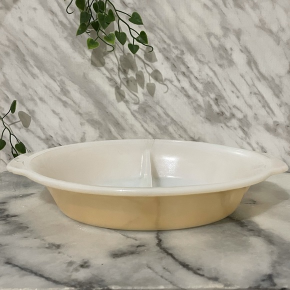 Vintage Fire King Peach lustre milk glass divided casserole dish orange USA - Picture 1 of 6